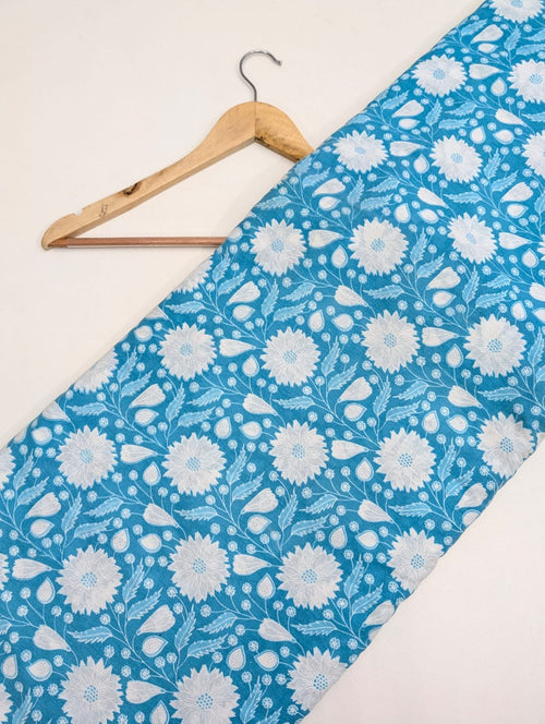 Blue floral cotton fabric with ethnic print