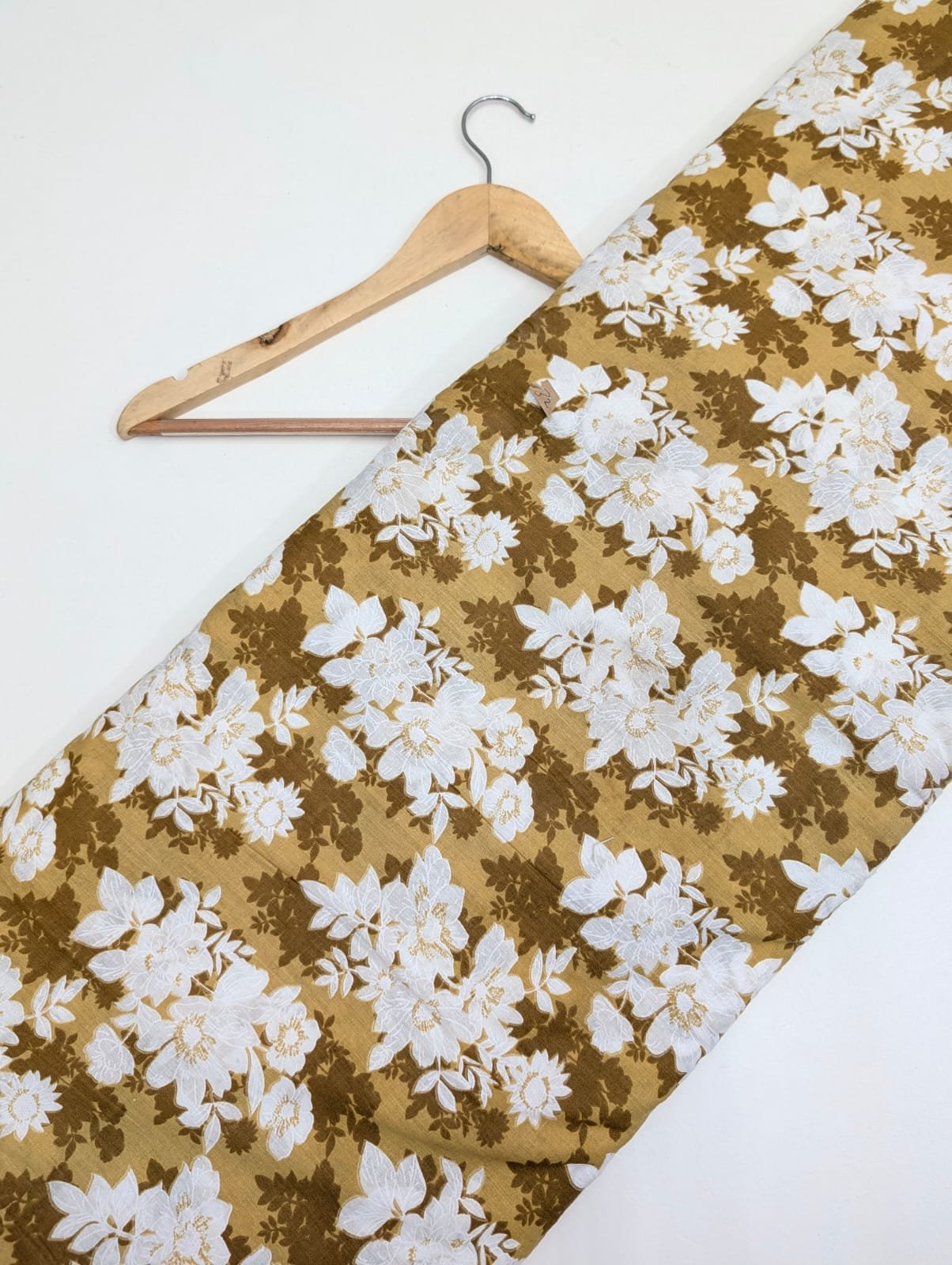 Brown white floral cotton fabric screen print