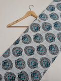 Teal mandala print cotton fabric with intricate motifs