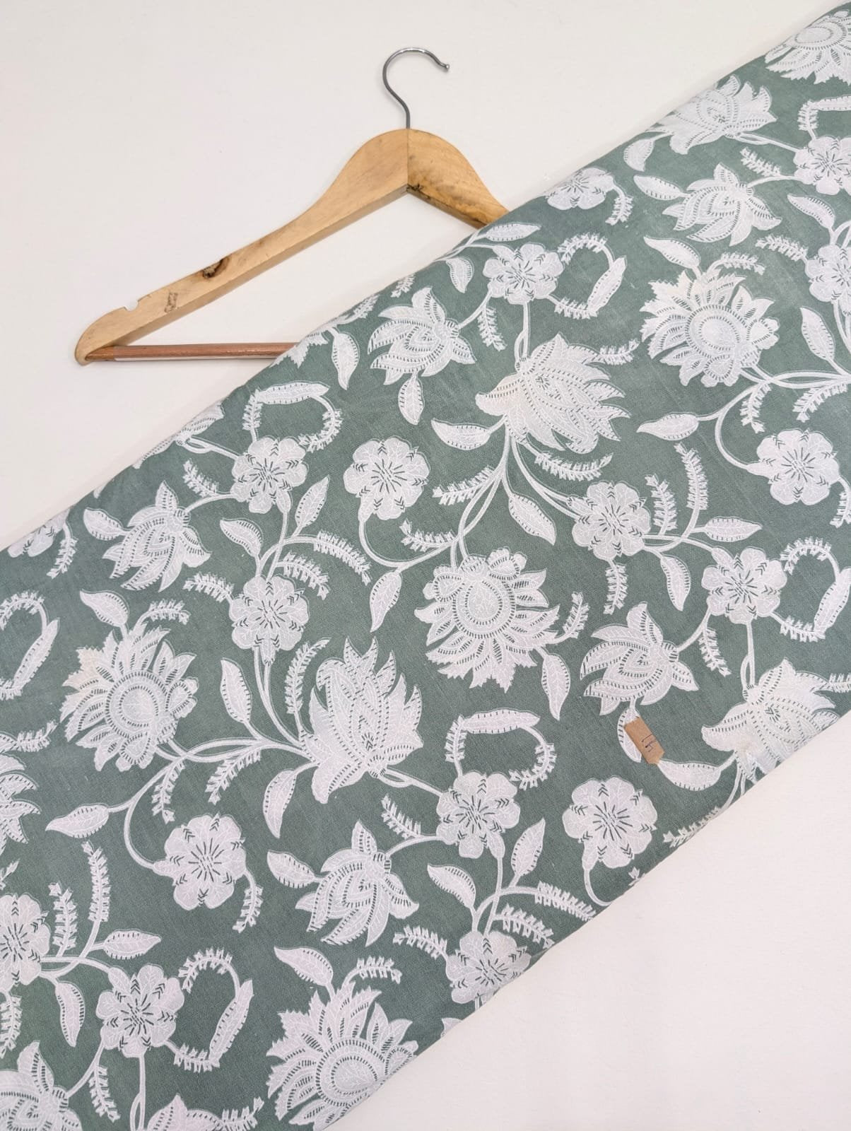 Grey floral cotton fabric with intricate block print