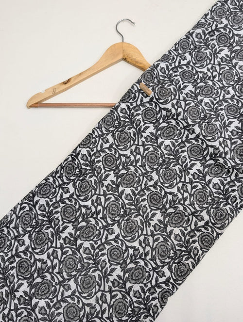 Black and white floral printed cotton fabric