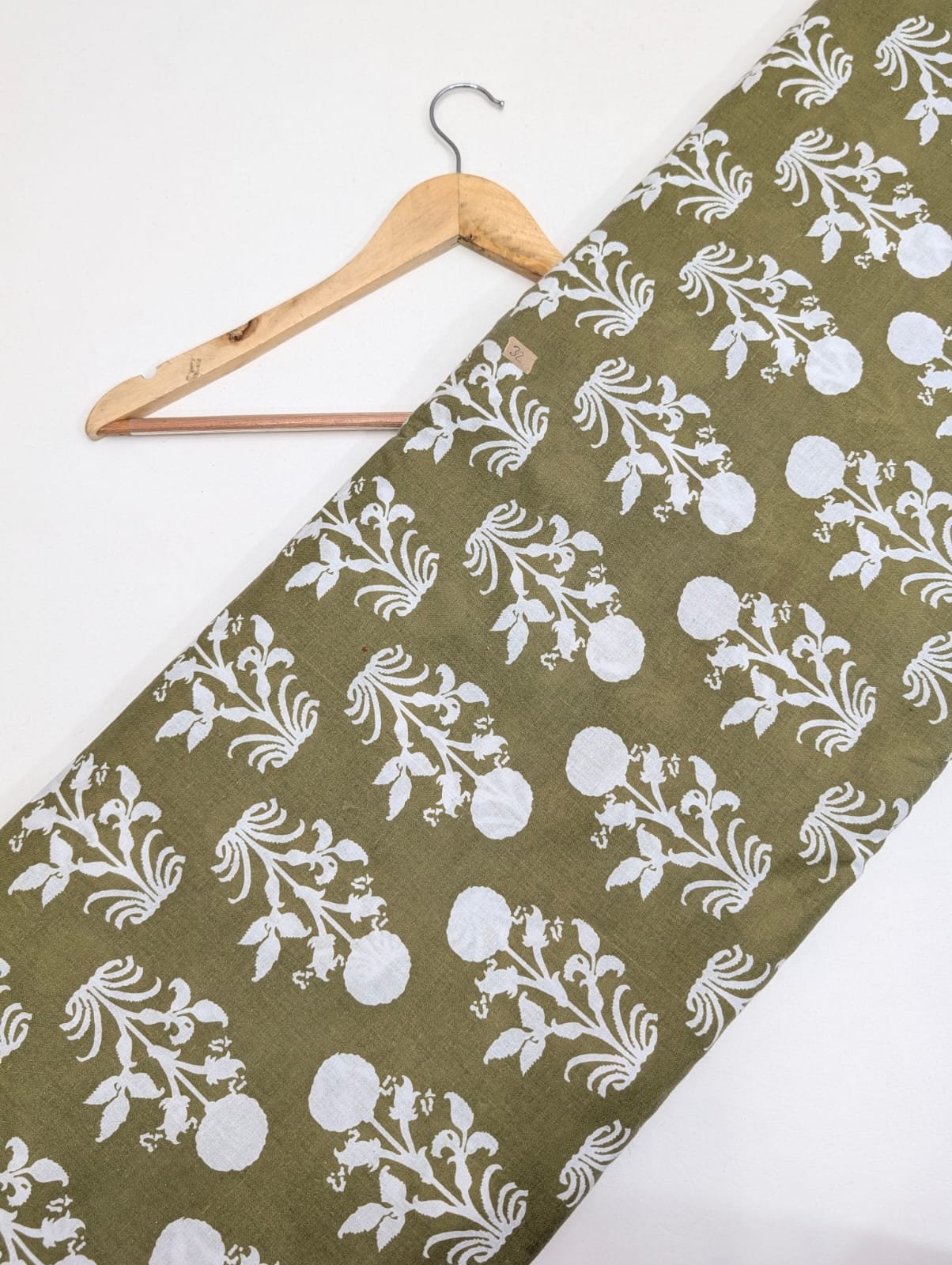 Olive green floral cotton fabric India