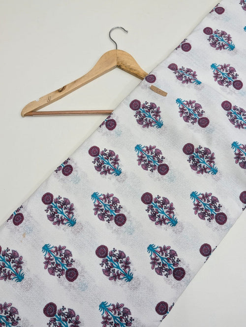 White cotton fabric with purple motifs Jaipur style