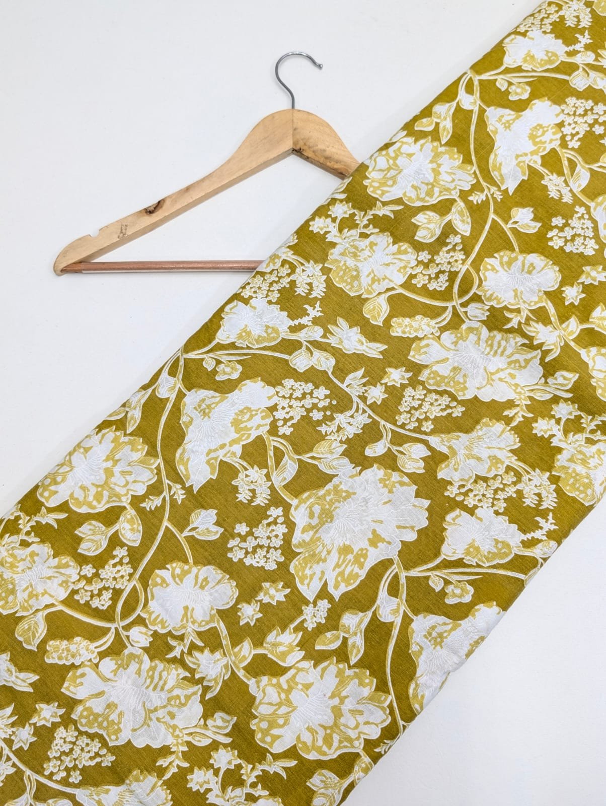 Yellow floral cotton fabric with white flowers