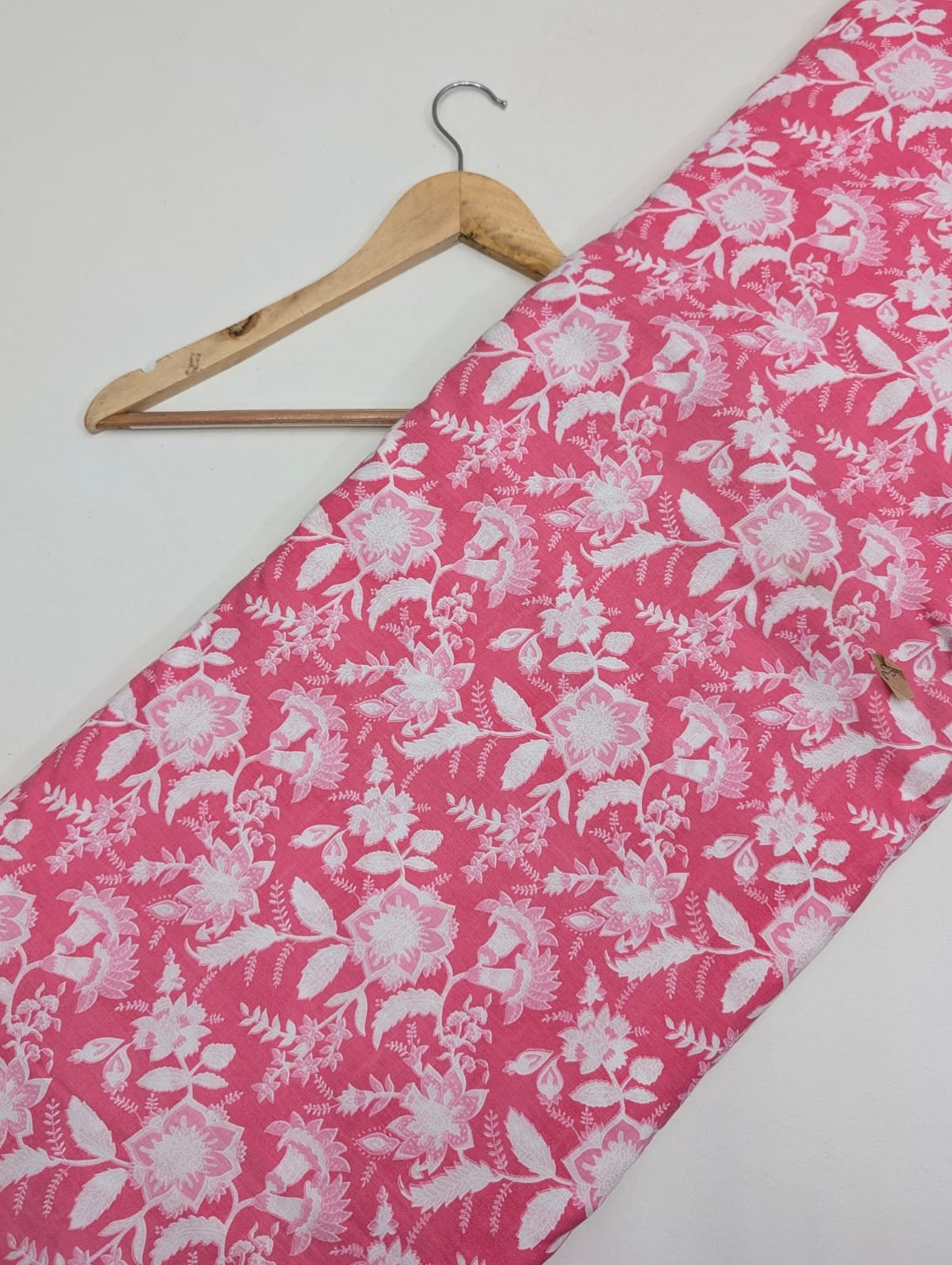 Pink floral cotton fabric with white print