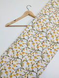 Yellow floral cotton fabric with branches pattern