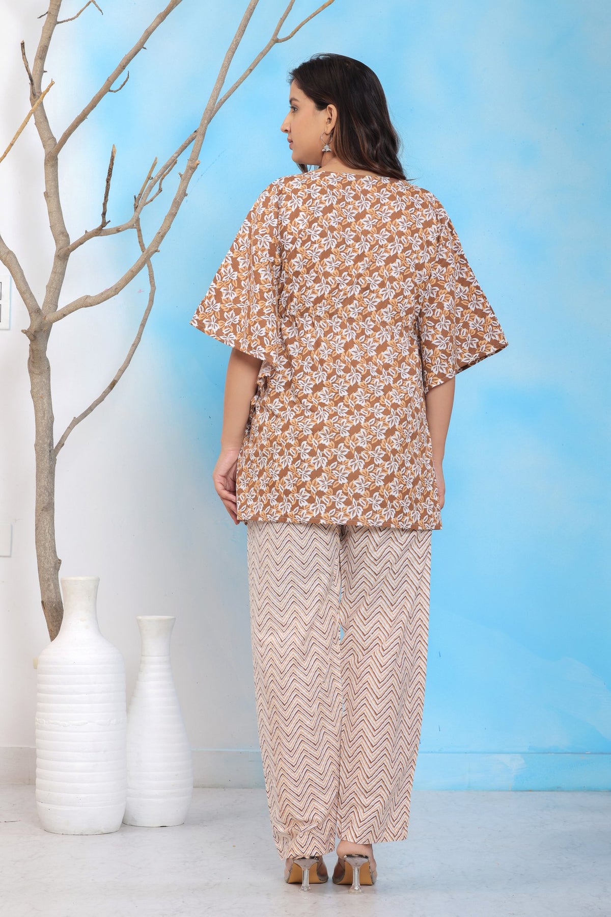 Brown Floral Kaftan Top with Geometric Printed Pant Set