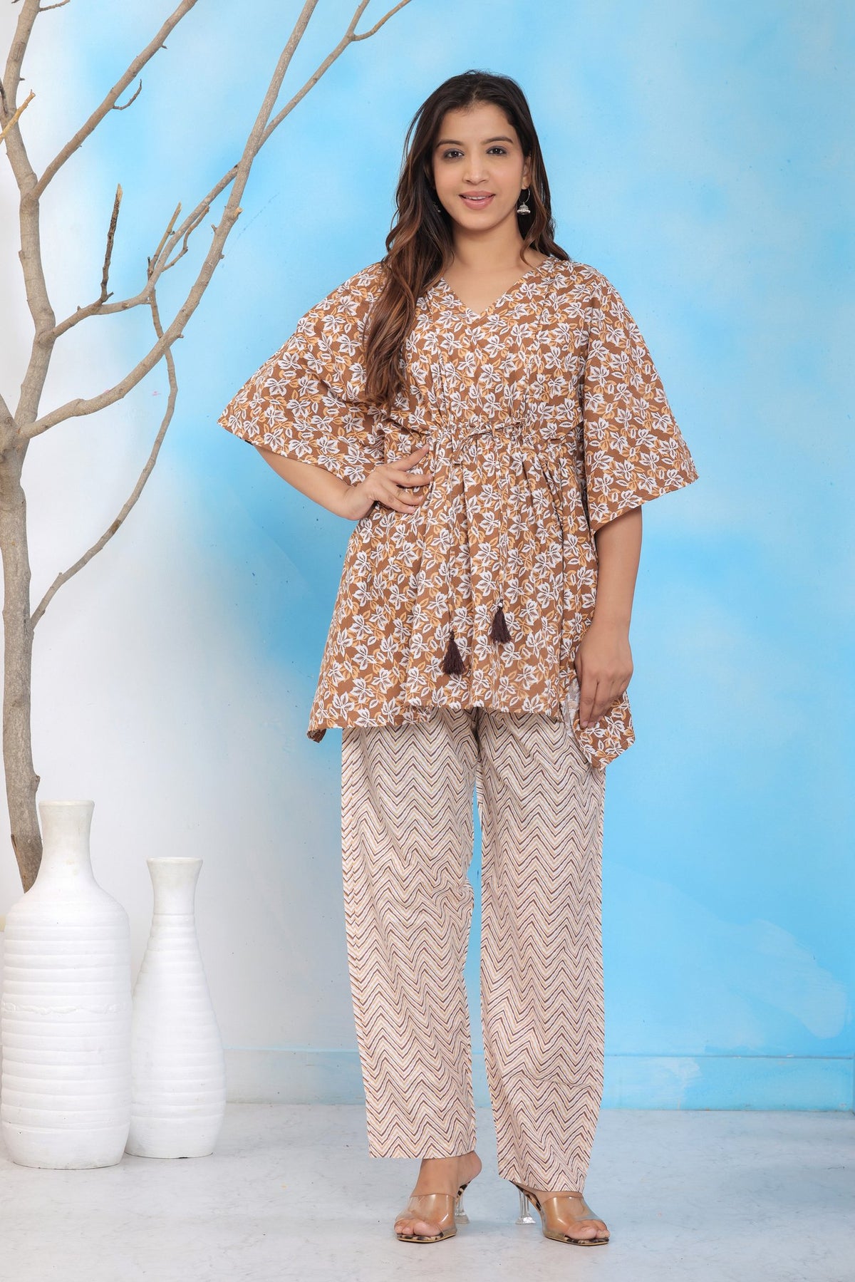 Brown Floral Kaftan Top with Geometric Printed Pant Set