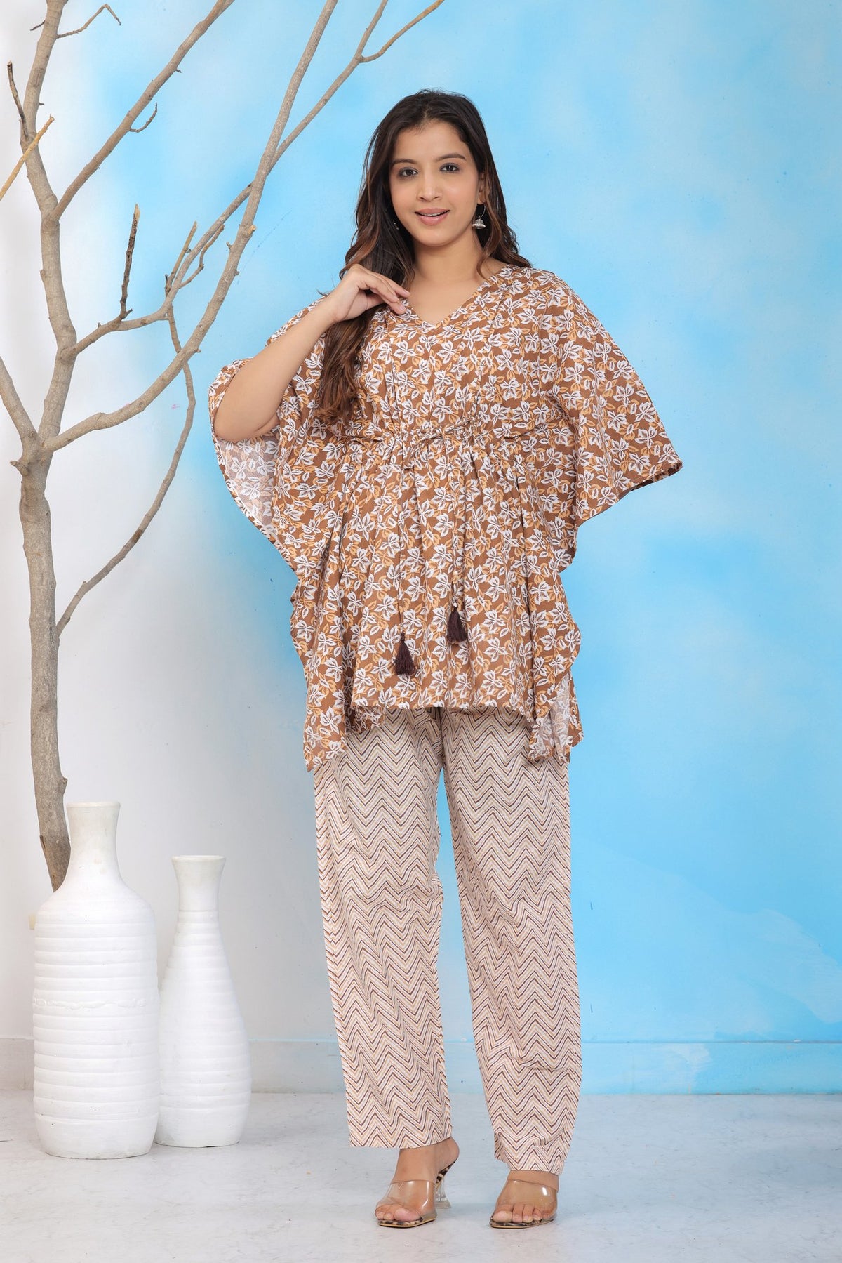 Brown Floral Kaftan Top with Geometric Printed Pant Set
