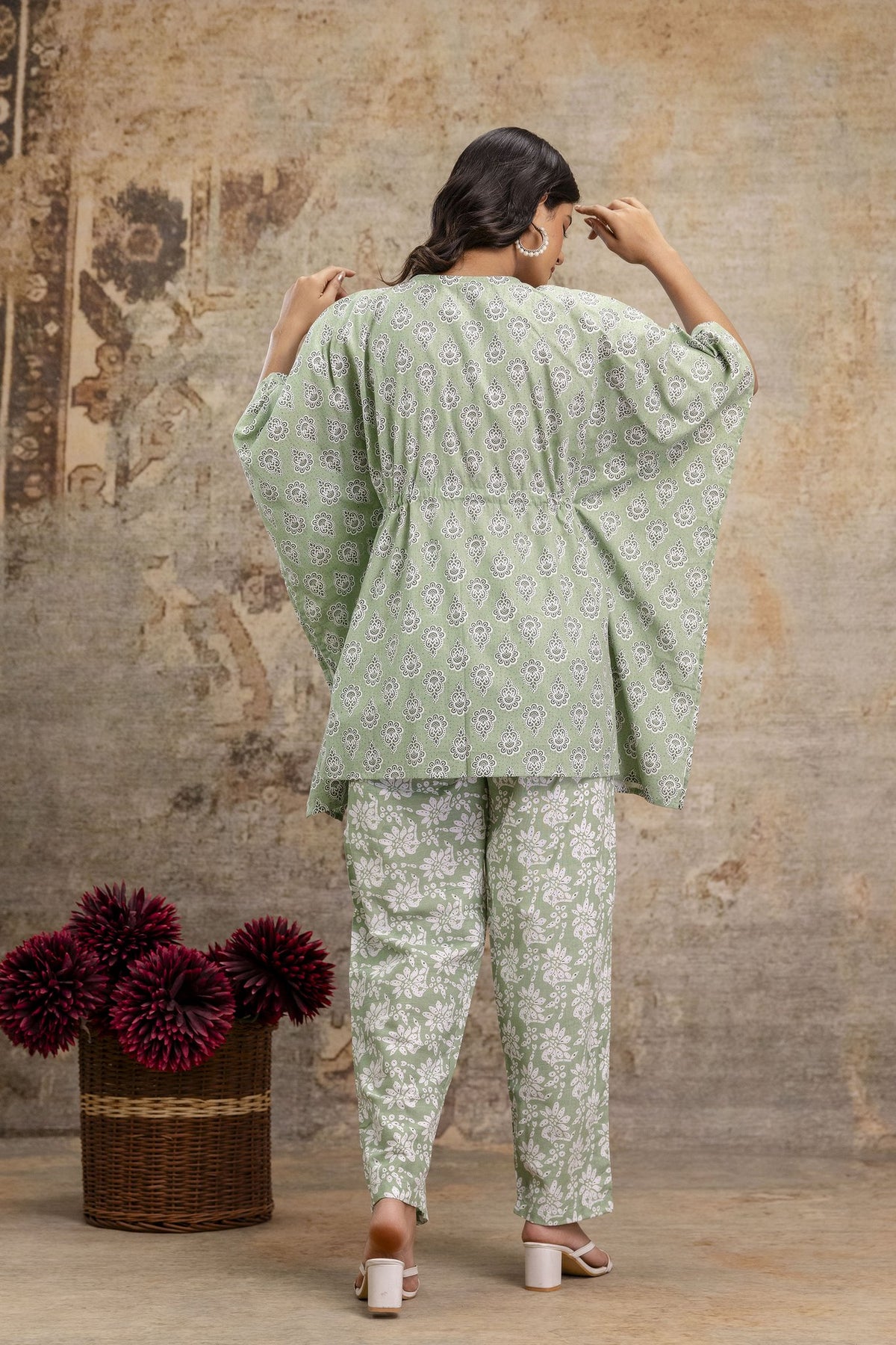 Sage Green Cotton Kaftan Set with Printed Pant
