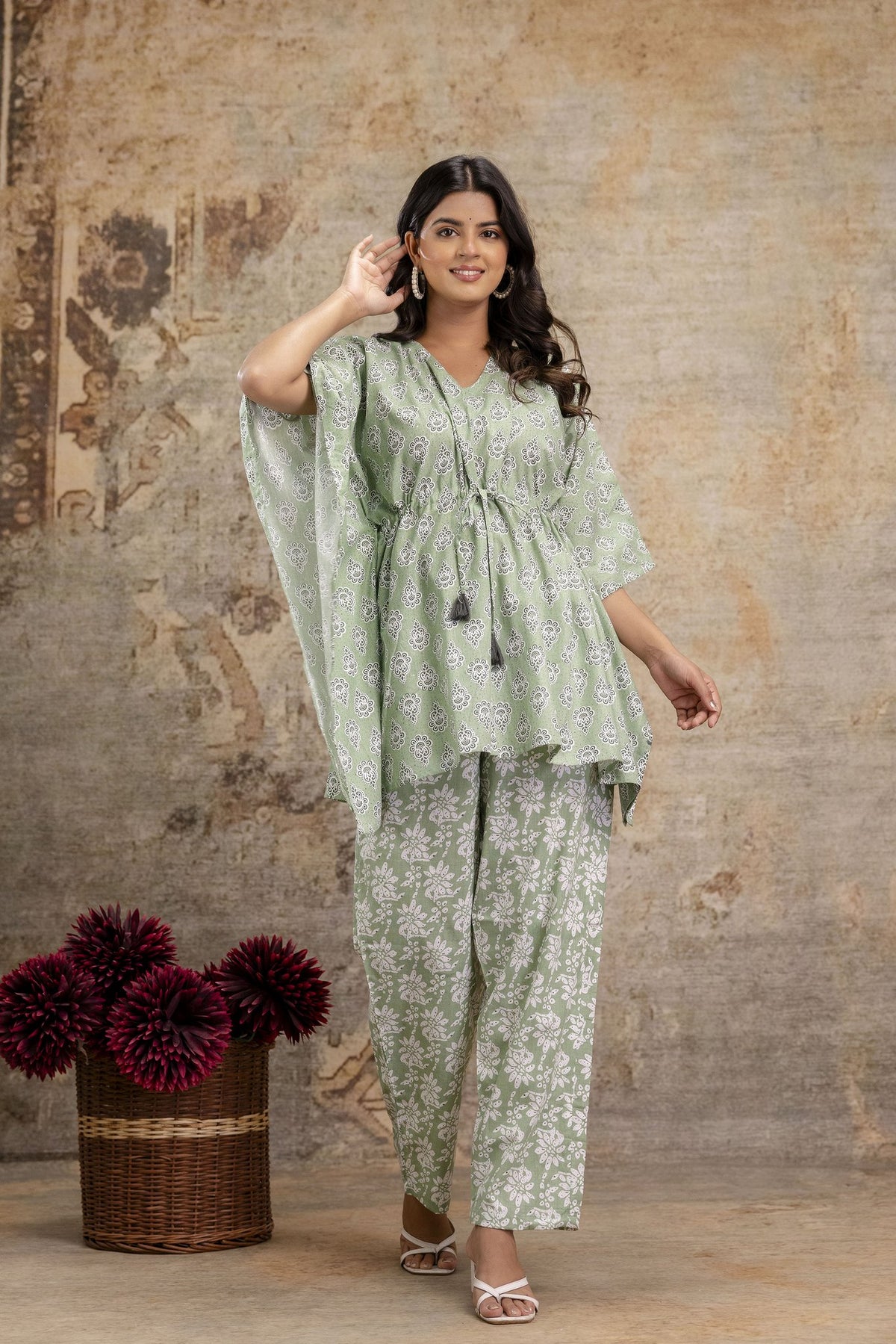Sage Green Cotton Kaftan Set with Printed Pant
