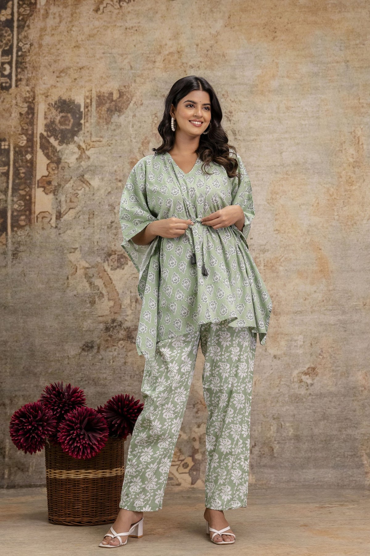 Sage Green Cotton Kaftan Set with Printed Pant