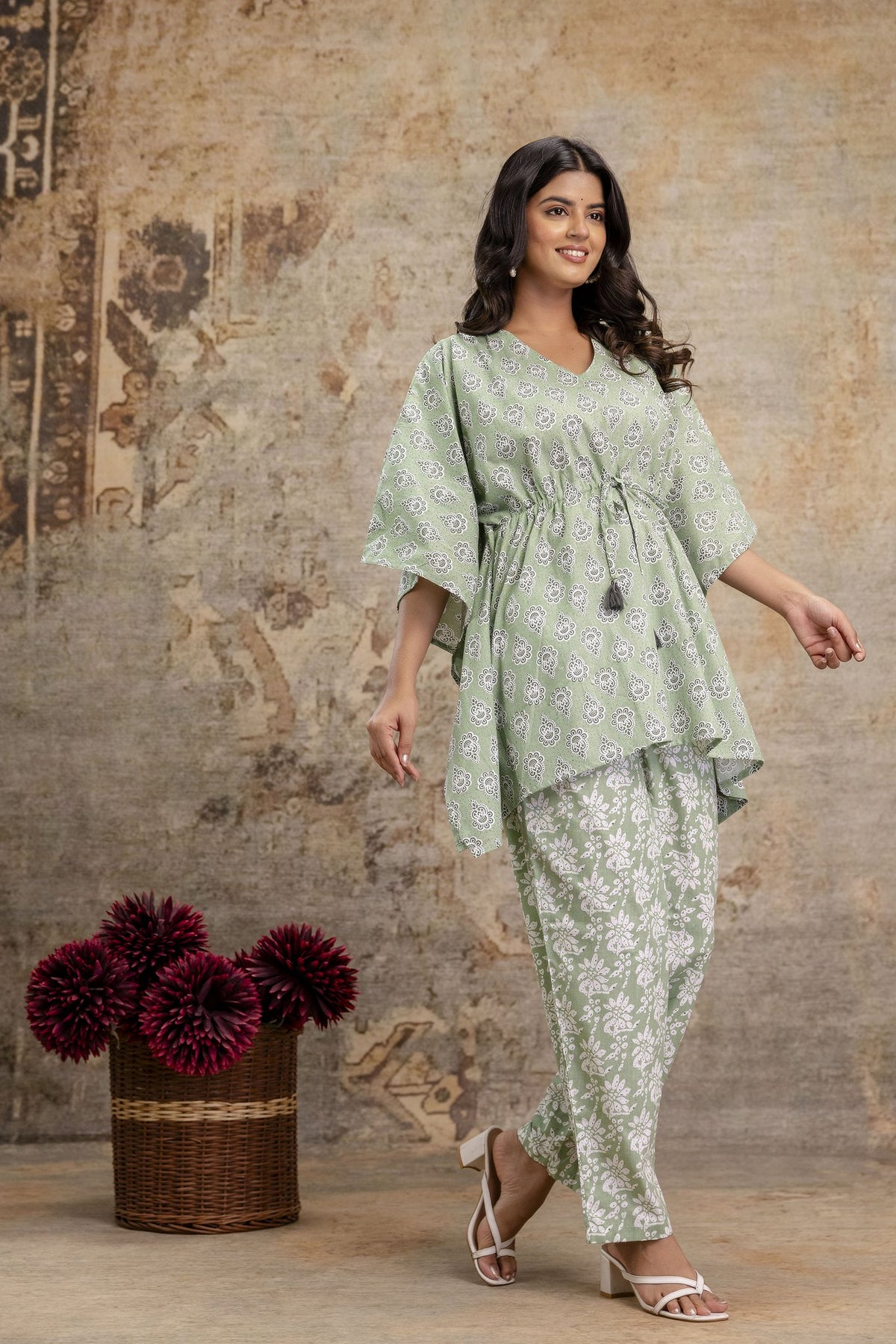 Sage Green Cotton Kaftan Set with Printed Pant