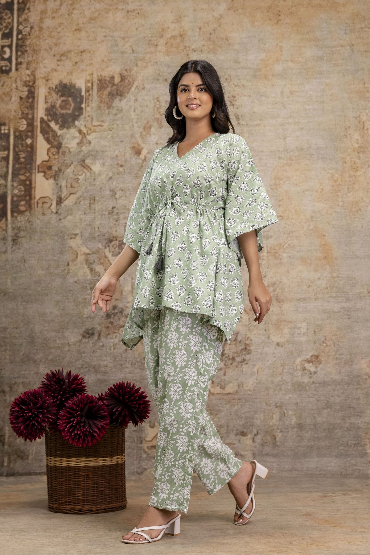 Sage Green Cotton Kaftan Set with Printed Pant