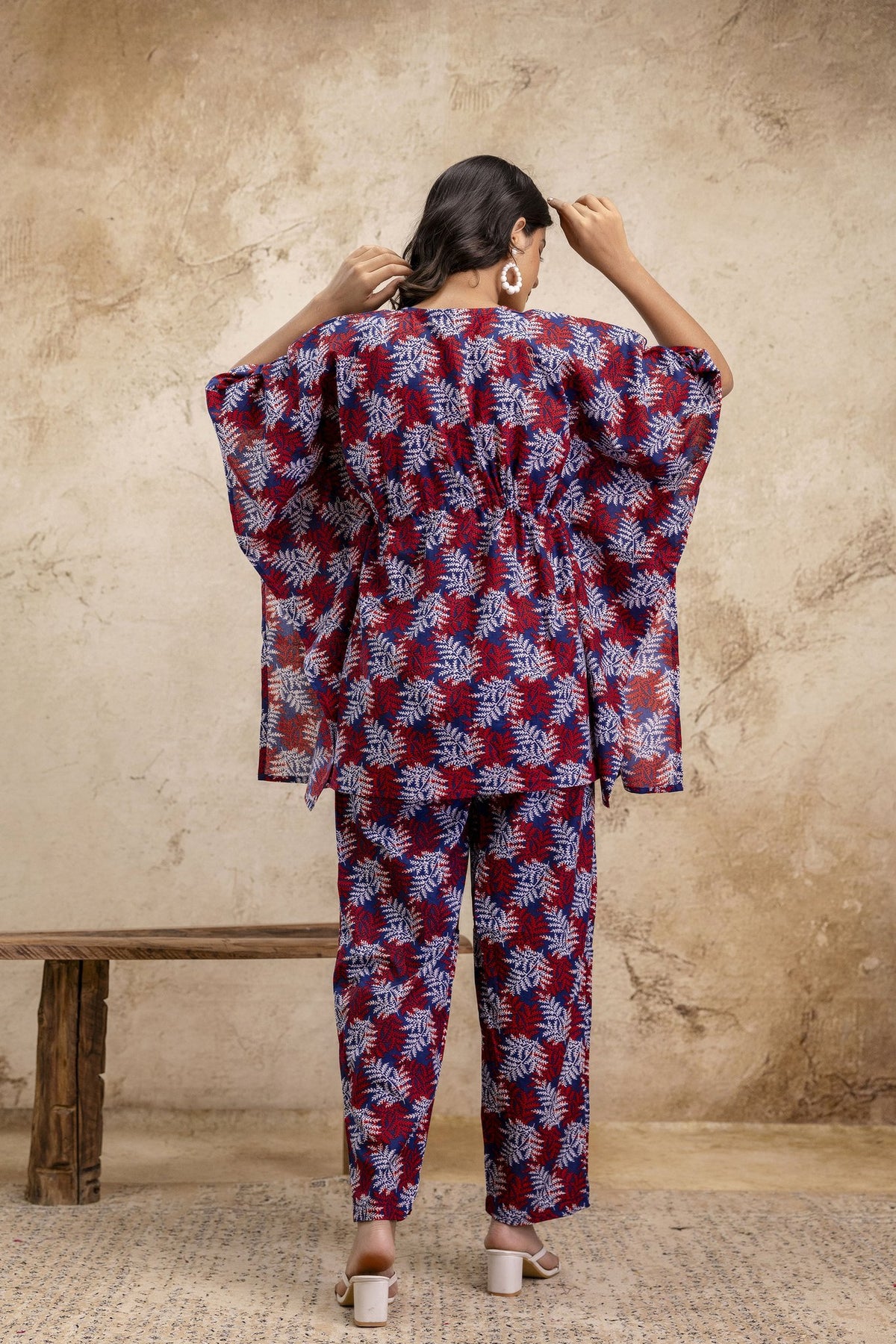 Maroon & Blue Leaf Print Kaftan Set with Matching Pants
