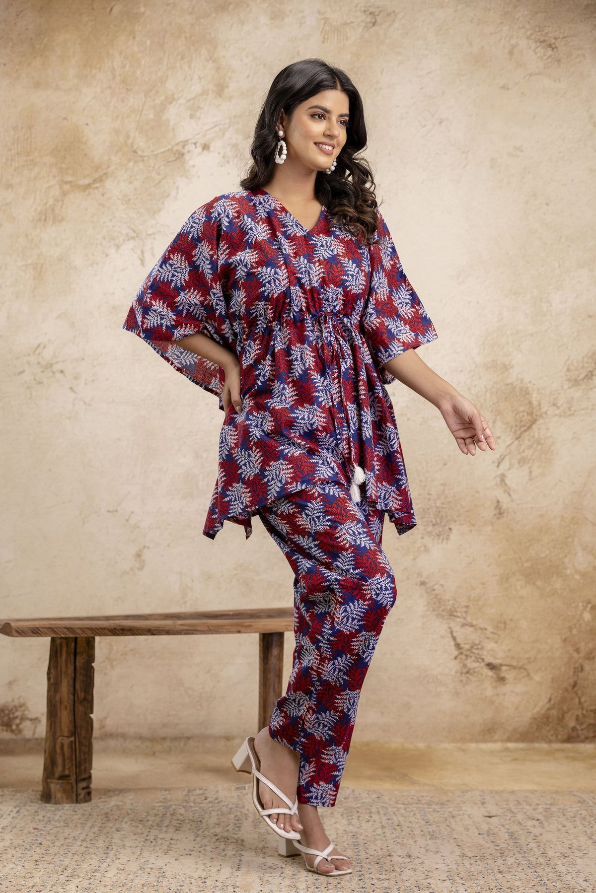 Maroon & Blue Leaf Print Kaftan Set with Matching Pants