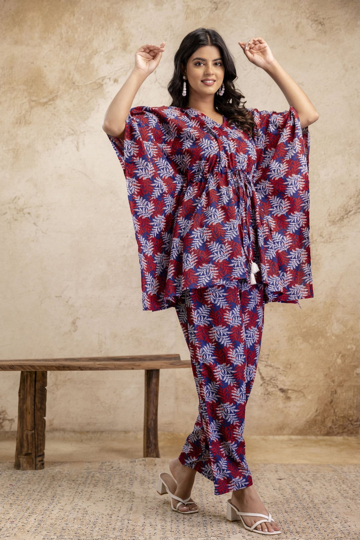 Maroon & Blue Leaf Print Kaftan Set with Matching Pants