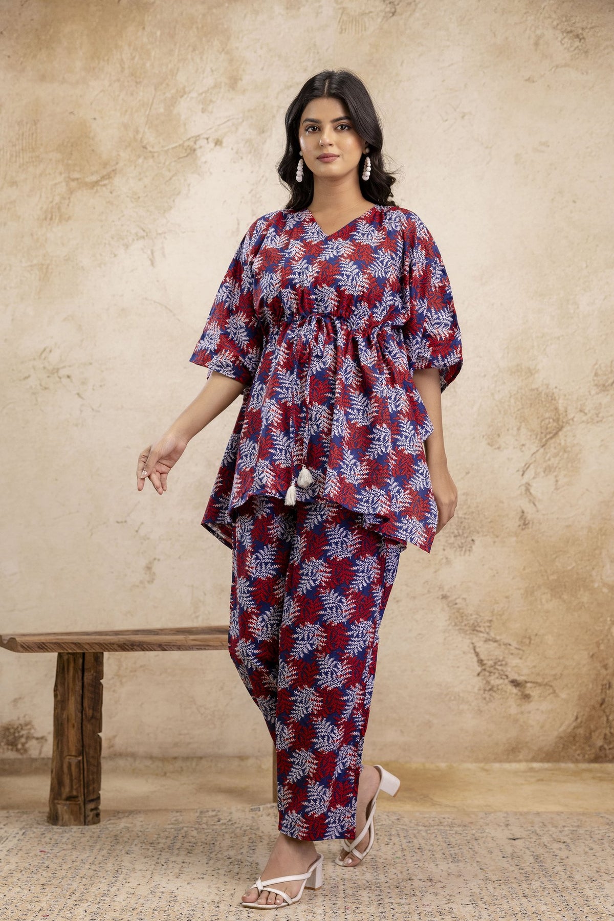 Maroon & Blue Leaf Print Kaftan Set with Matching Pants