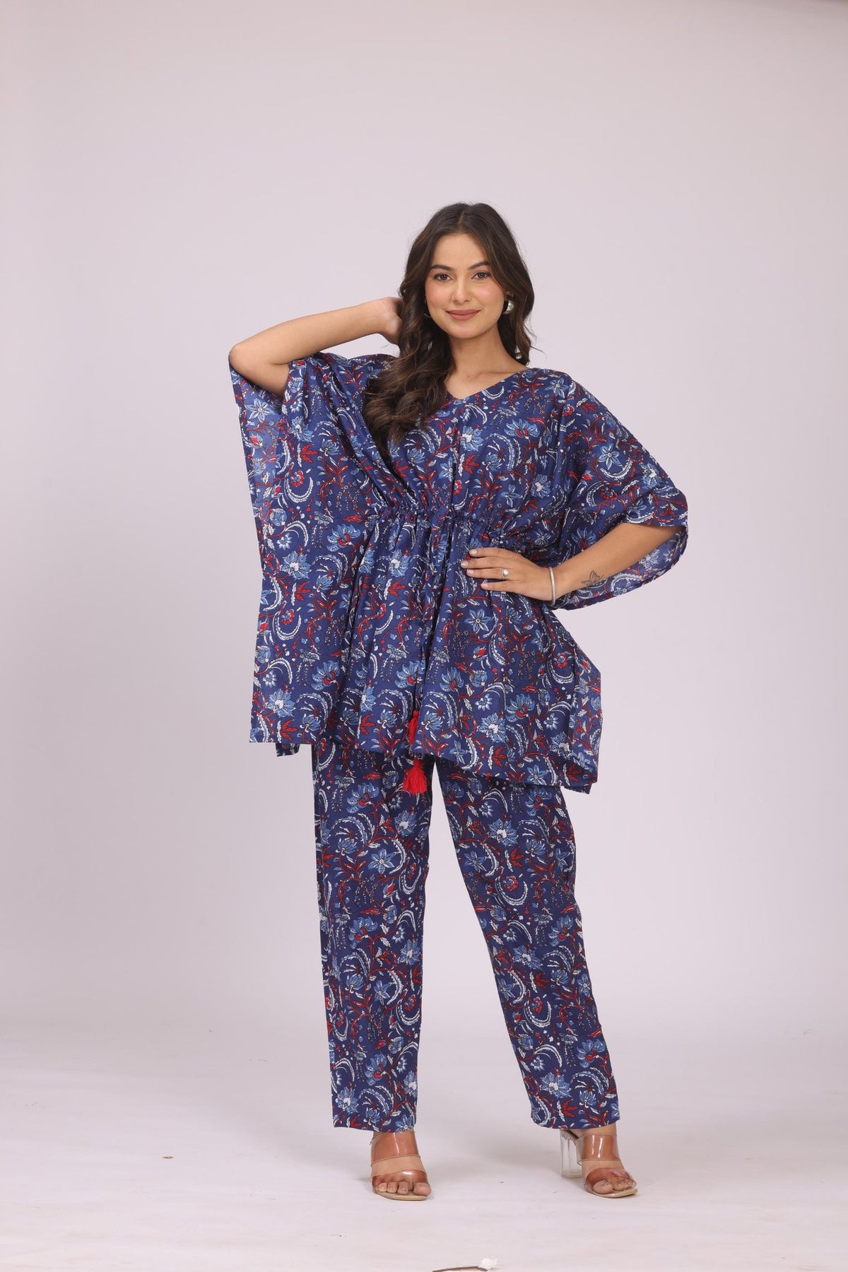 Navy Blue Floral Jaipuri Print Cotton Kaftan Set