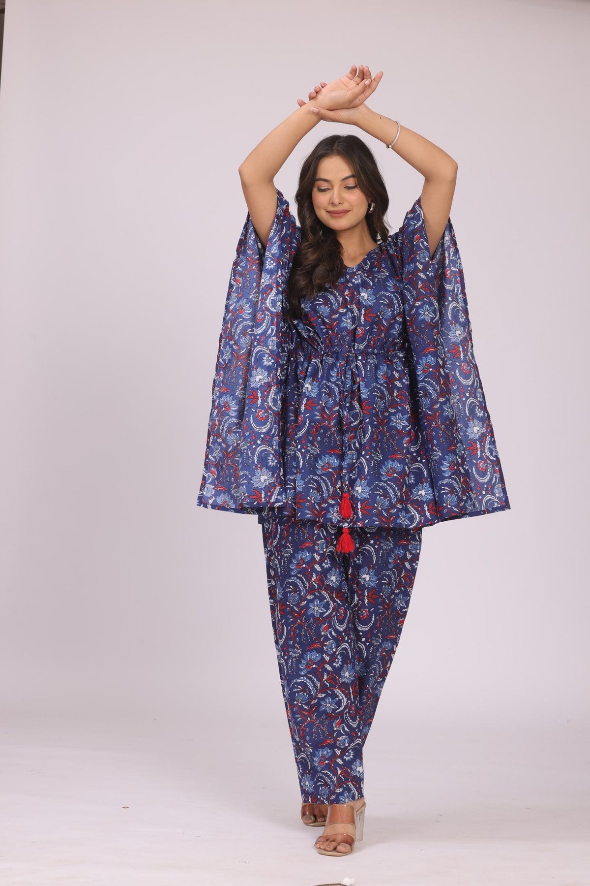 Navy Blue Floral Jaipuri Print Cotton Kaftan Set