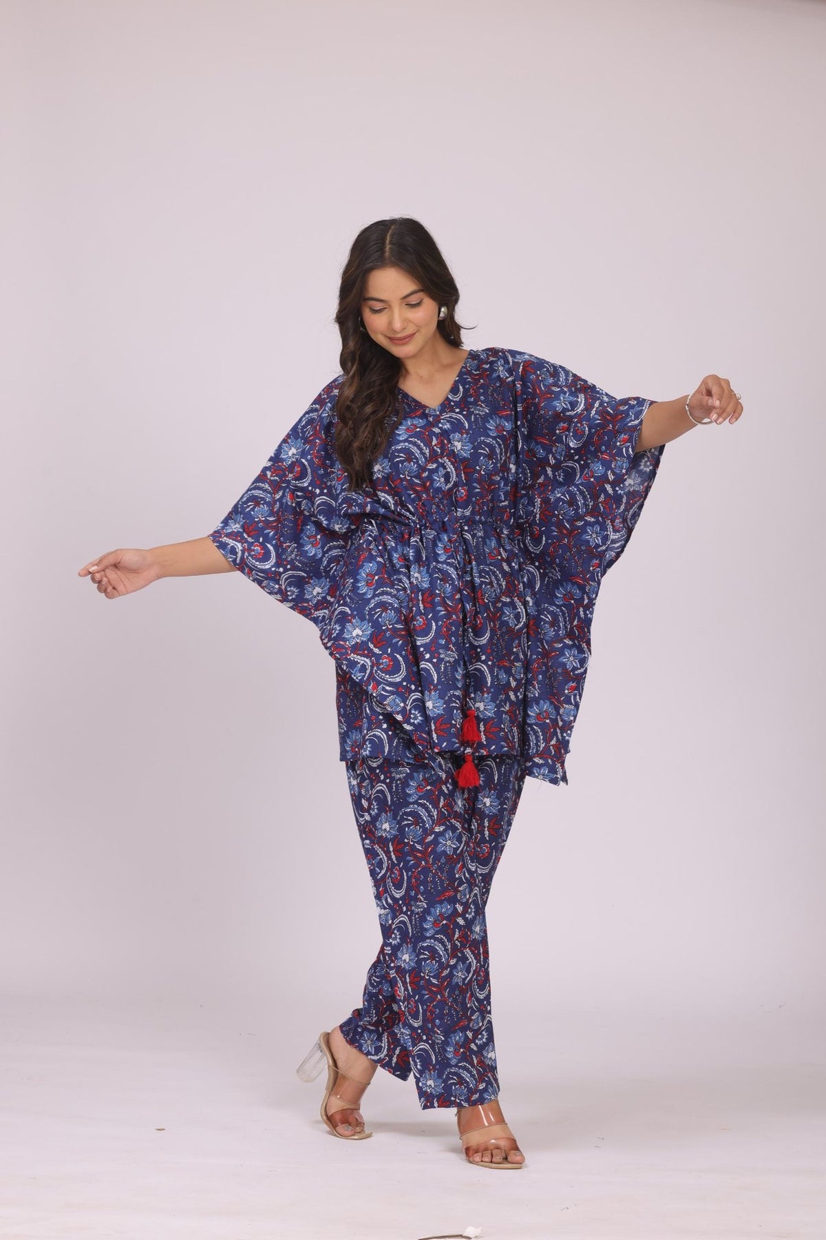 Navy Blue Floral Jaipuri Print Cotton Kaftan Set