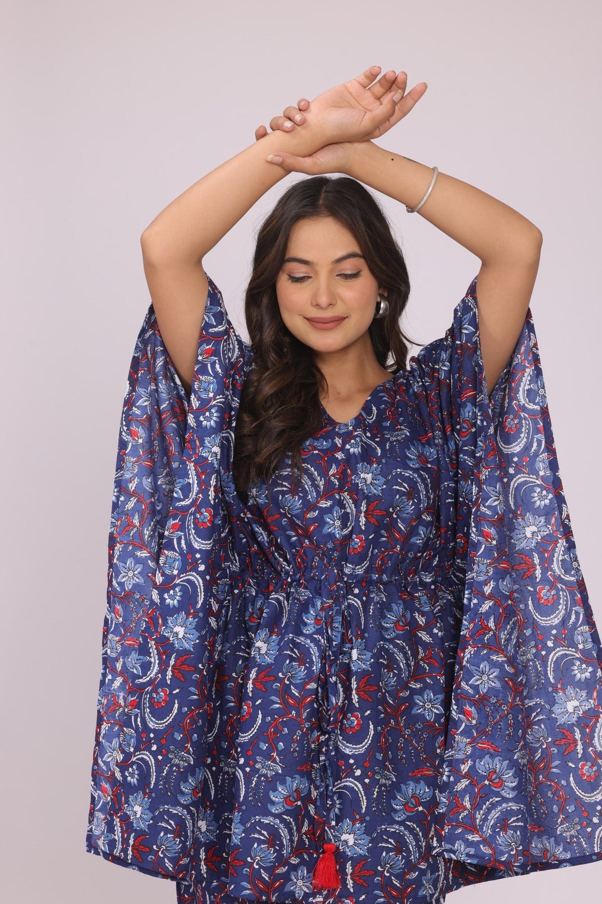 Navy Blue Floral Jaipuri Print Cotton Kaftan Set