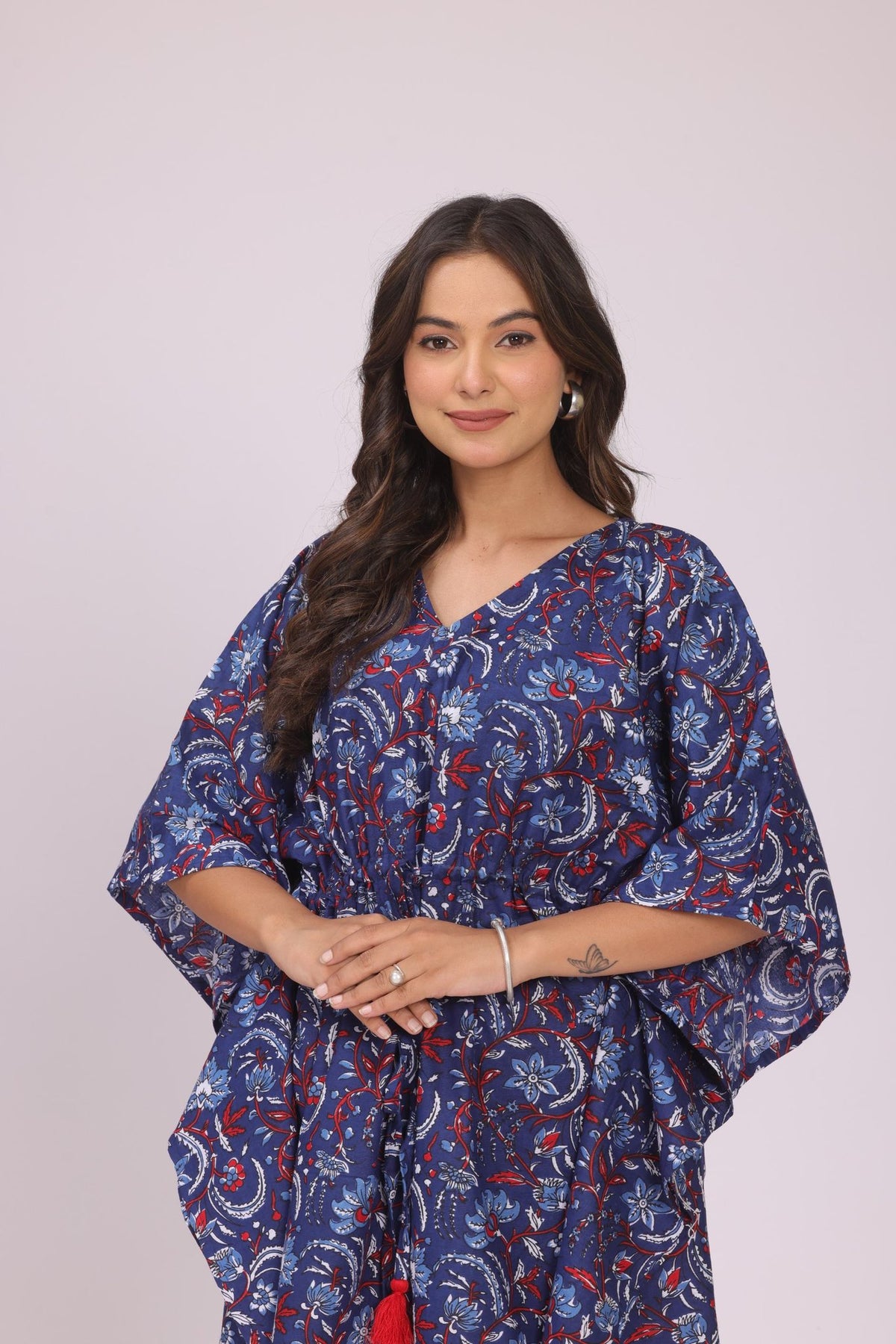 Navy Blue Floral Jaipuri Print Cotton Kaftan Set
