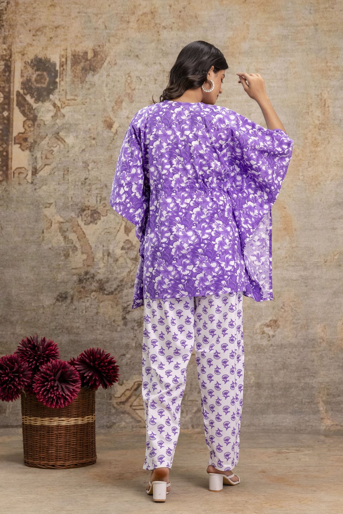 Purple Floral Print Cotton Kaftan Set with Matching Pant