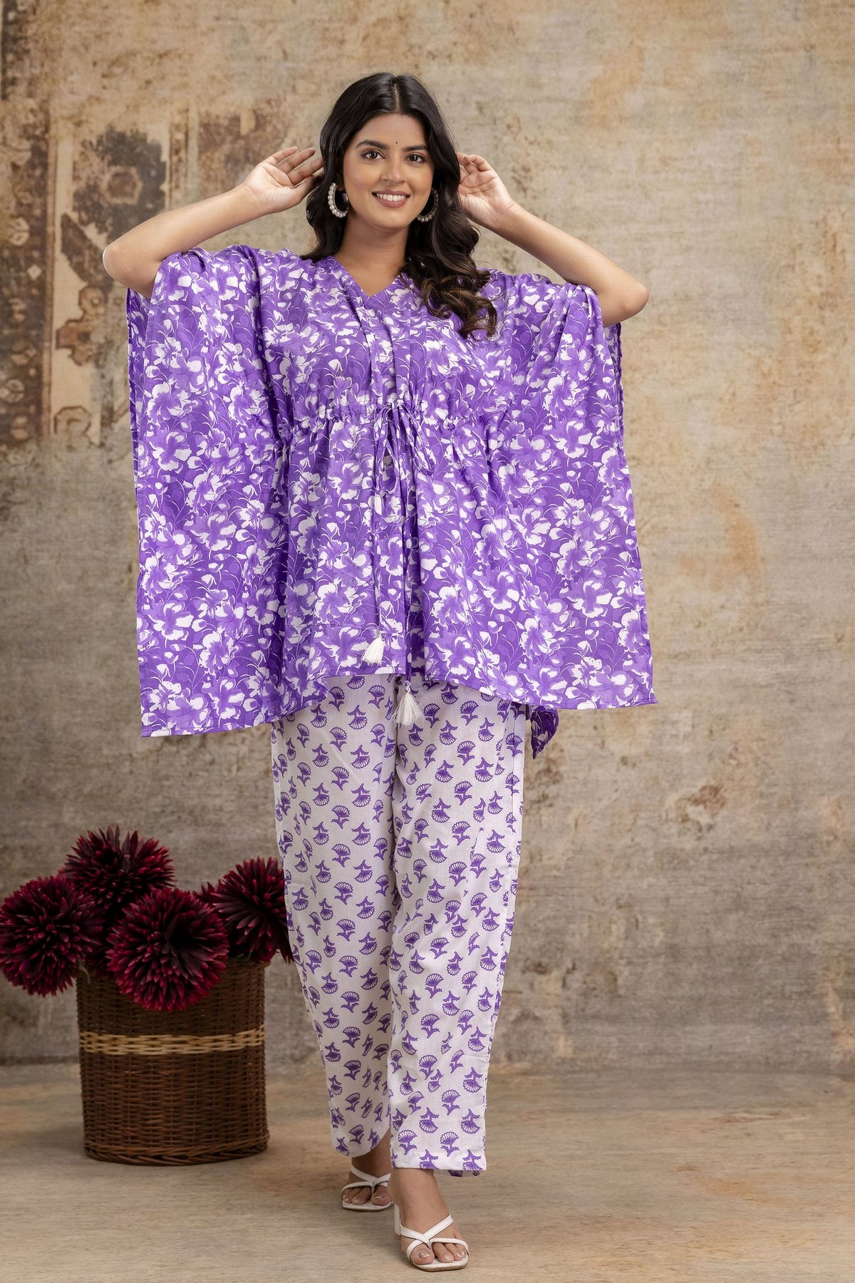 Purple Floral Print Cotton Kaftan Set with Matching Pant