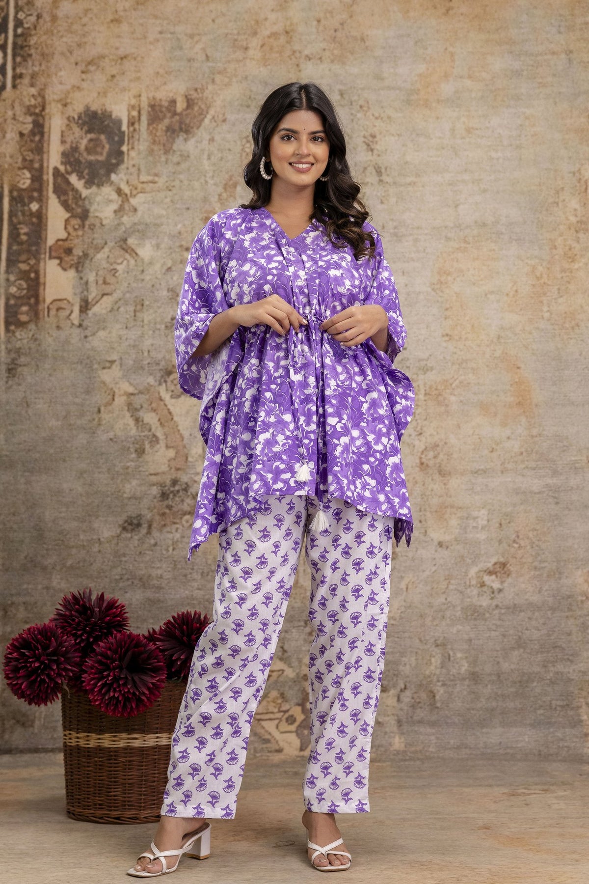 Purple Floral Print Cotton Kaftan Set with Matching Pant