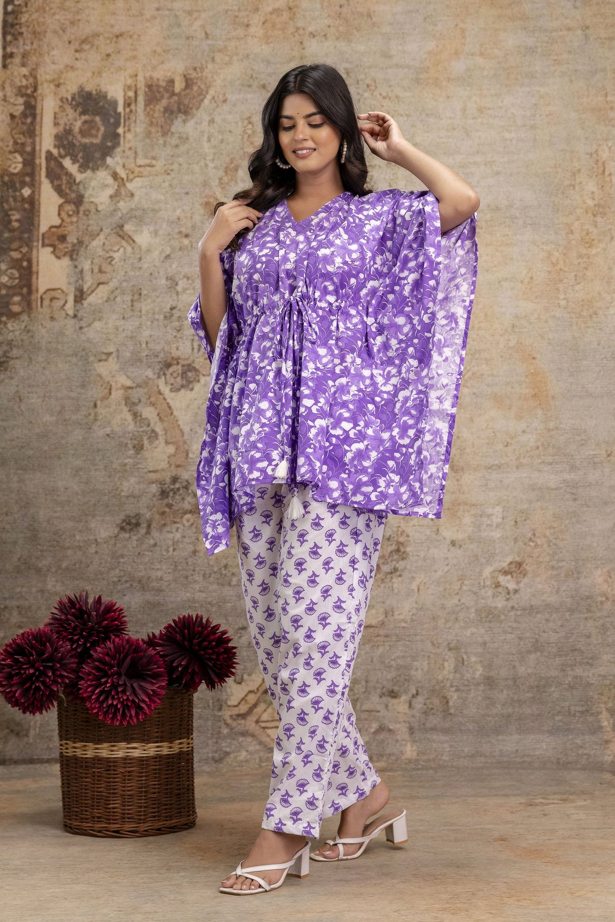 Purple Floral Print Cotton Kaftan Set with Matching Pant