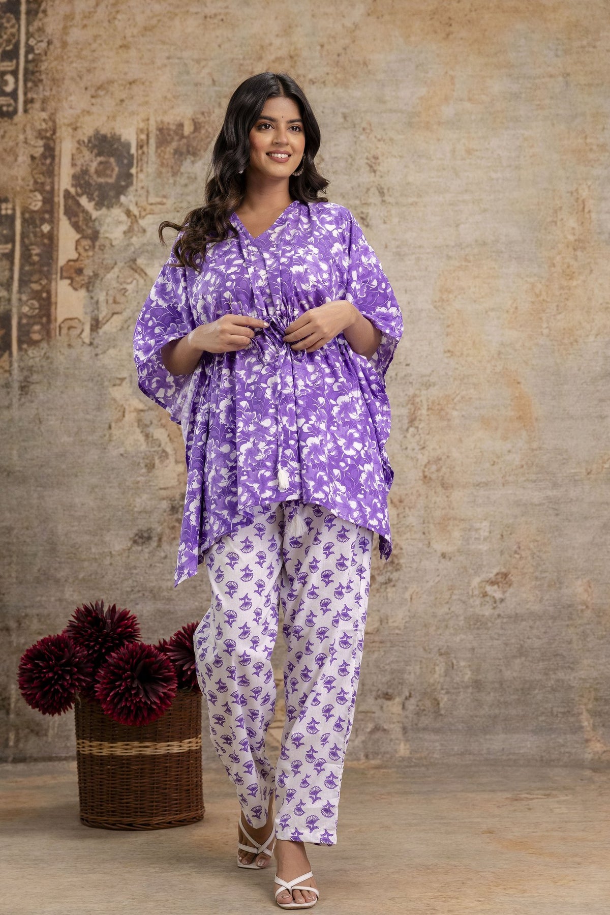 Purple Floral Print Cotton Kaftan Set with Matching Pant
