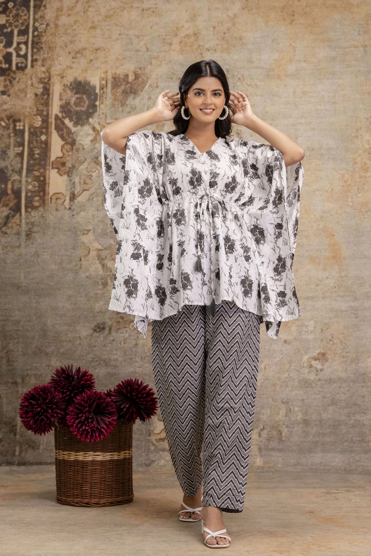 Monochrome Floral Print Kaftan Set with Chevron Pant