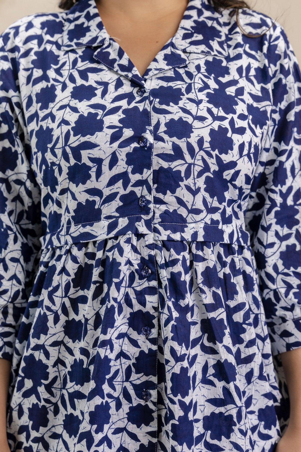 Navy Blue & White Floral Print Cotton Kaftan Set