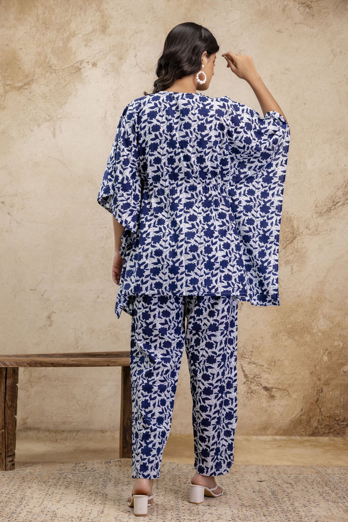 Navy Blue & White Floral Print Cotton Kaftan Set