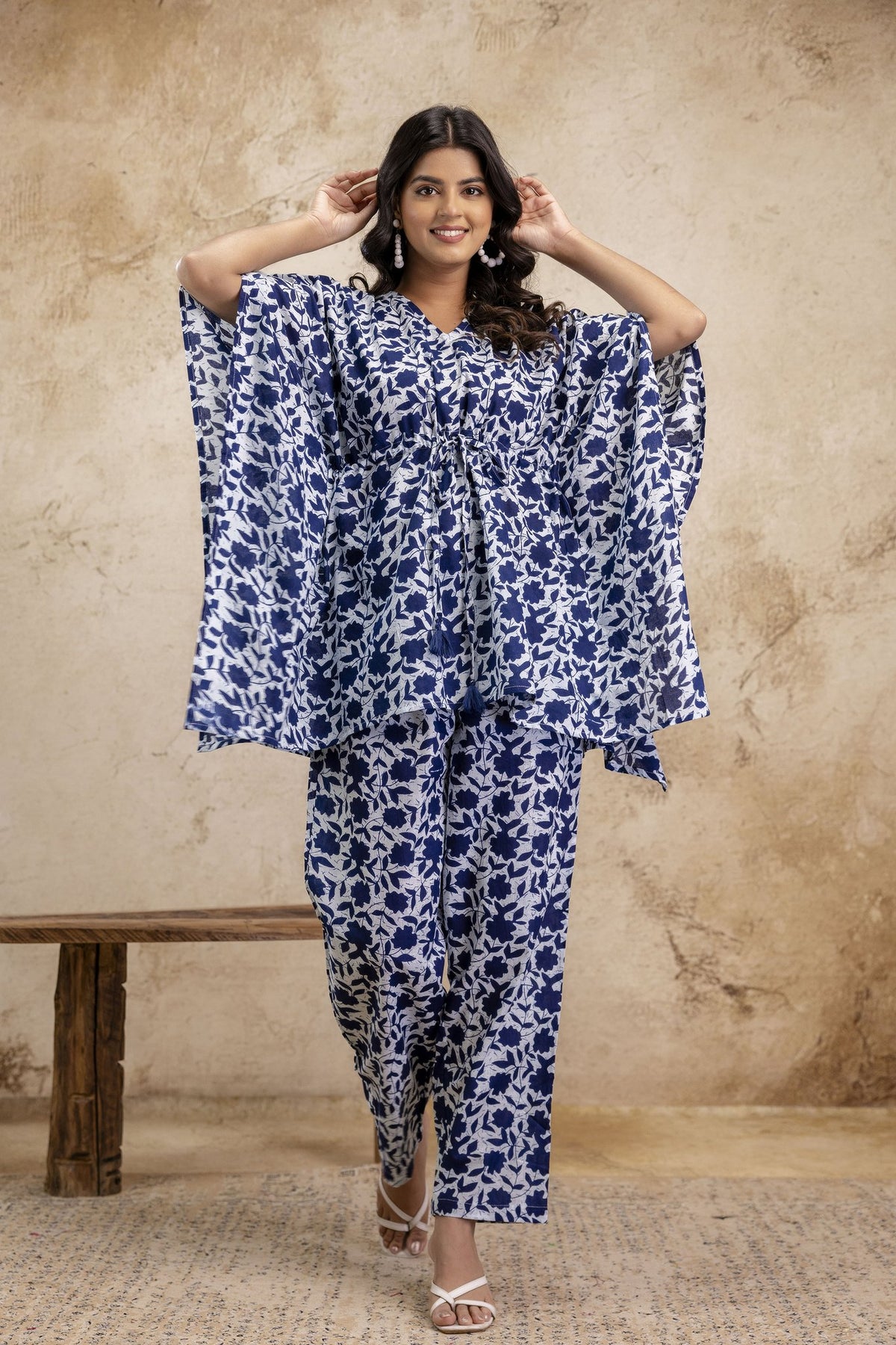 Navy Blue & White Floral Print Cotton Kaftan Set