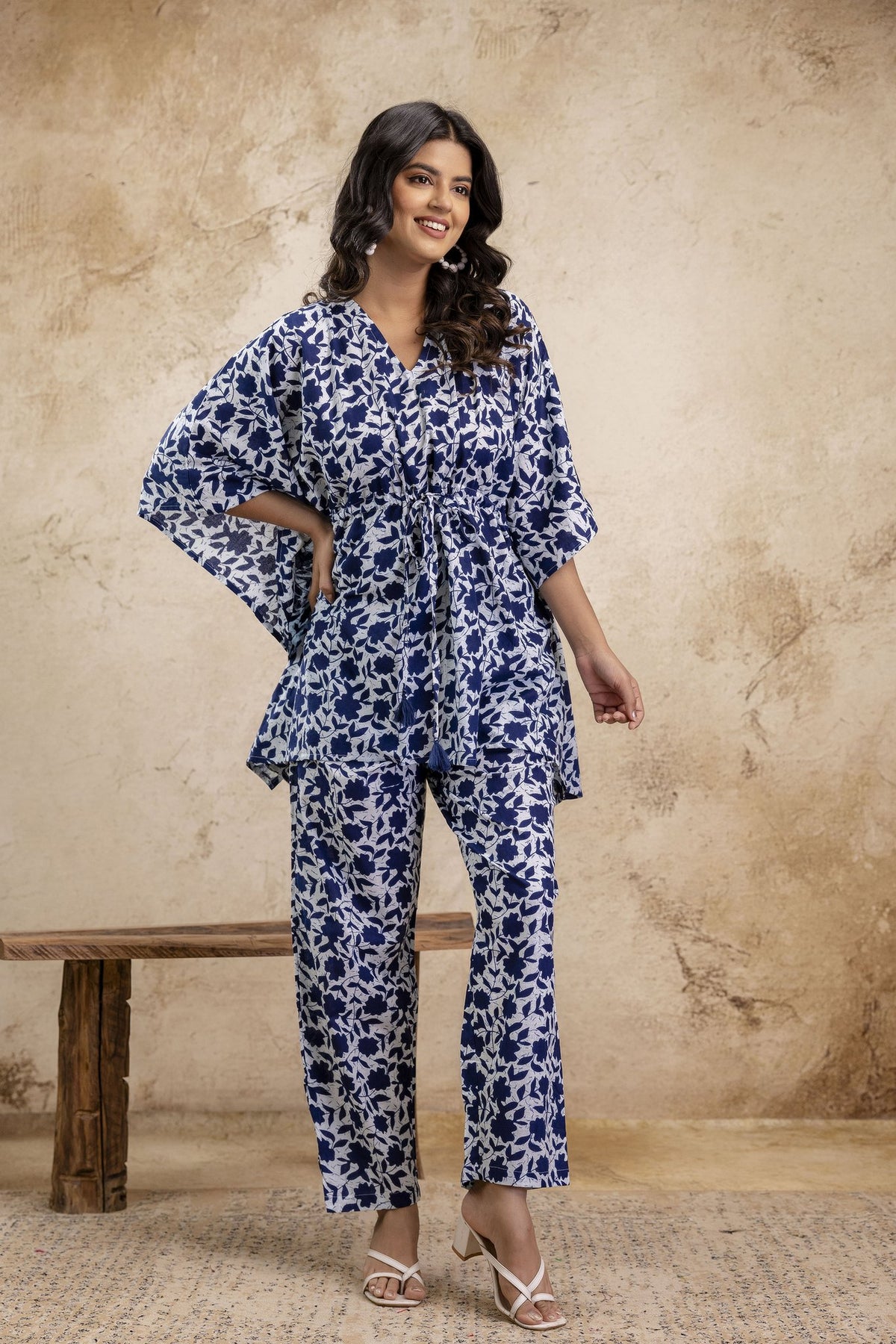Navy Blue & White Floral Print Cotton Kaftan Set