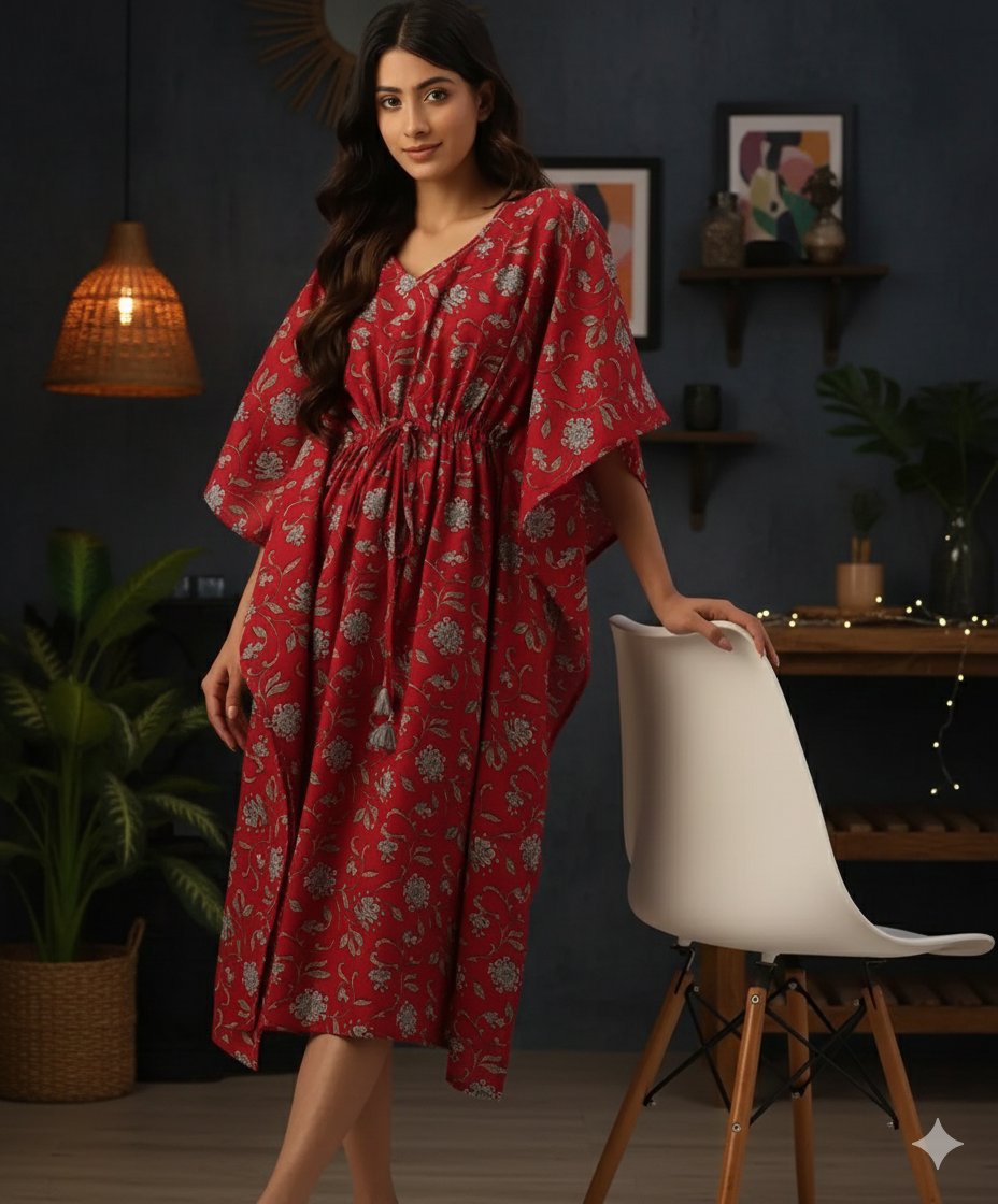Jaipuri Floral Print Long Cotton Kaftan Dress