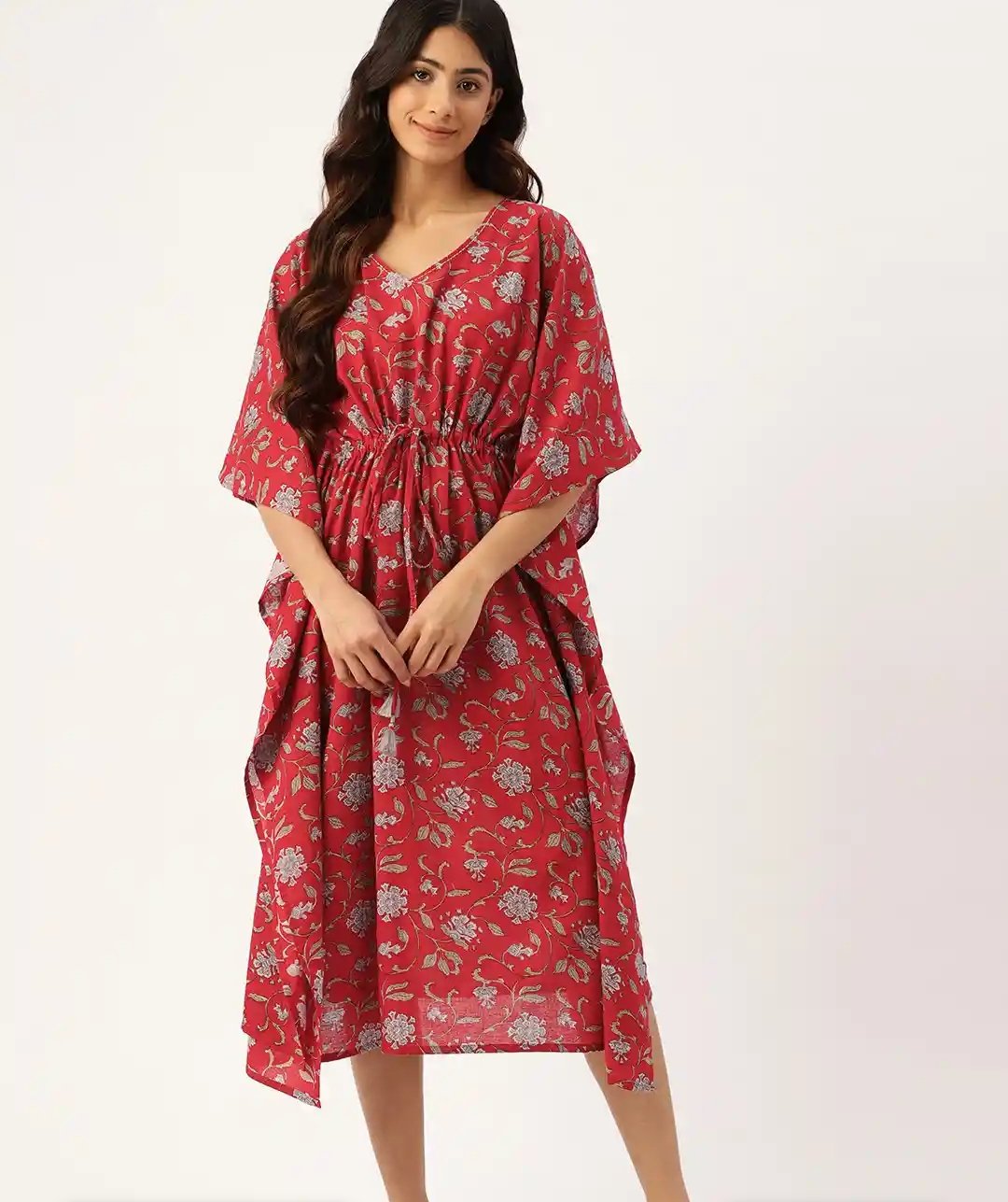 Jaipuri Floral Print Long Cotton Kaftan Dress