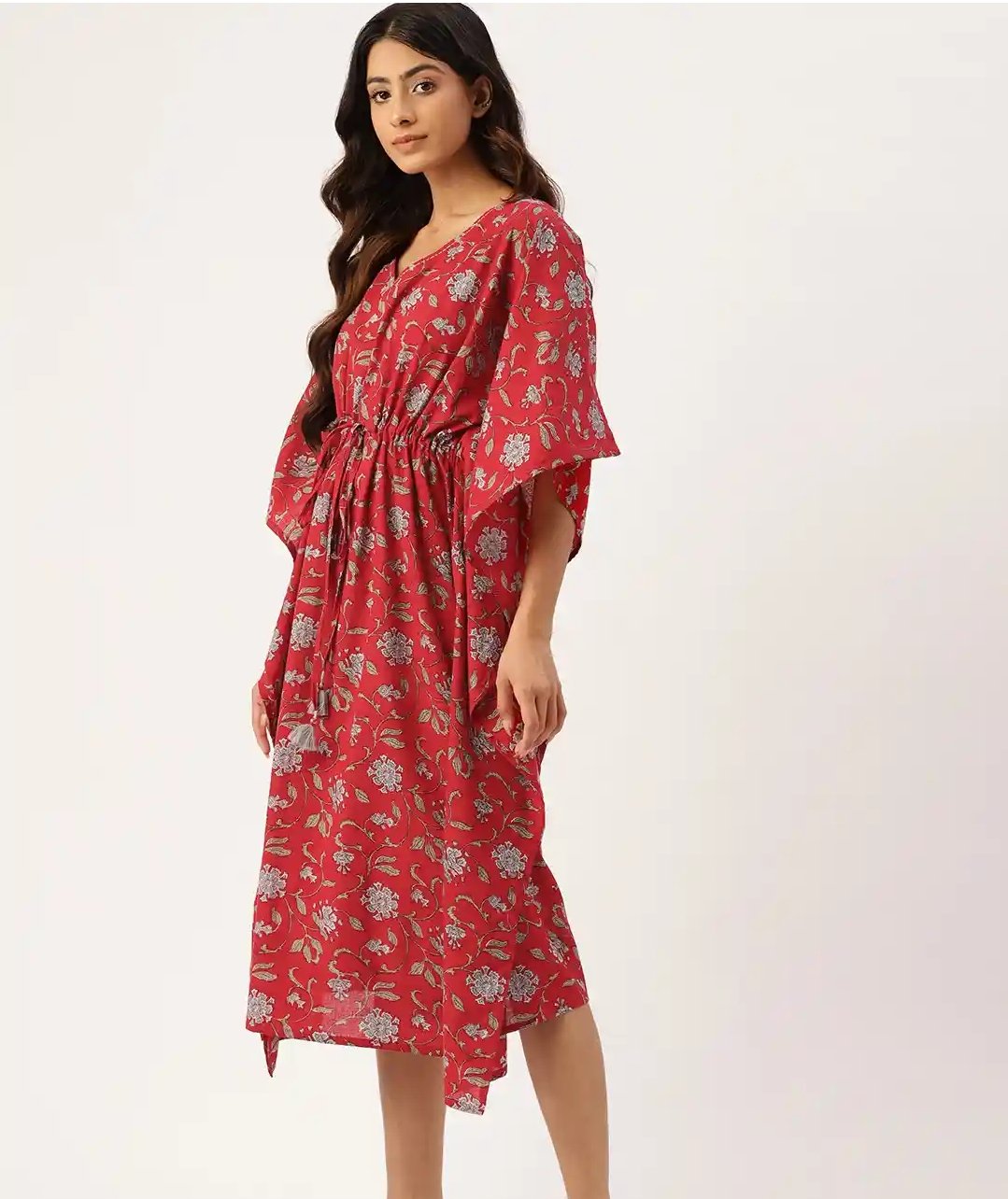 Jaipuri Floral Print Long Cotton Kaftan Dress