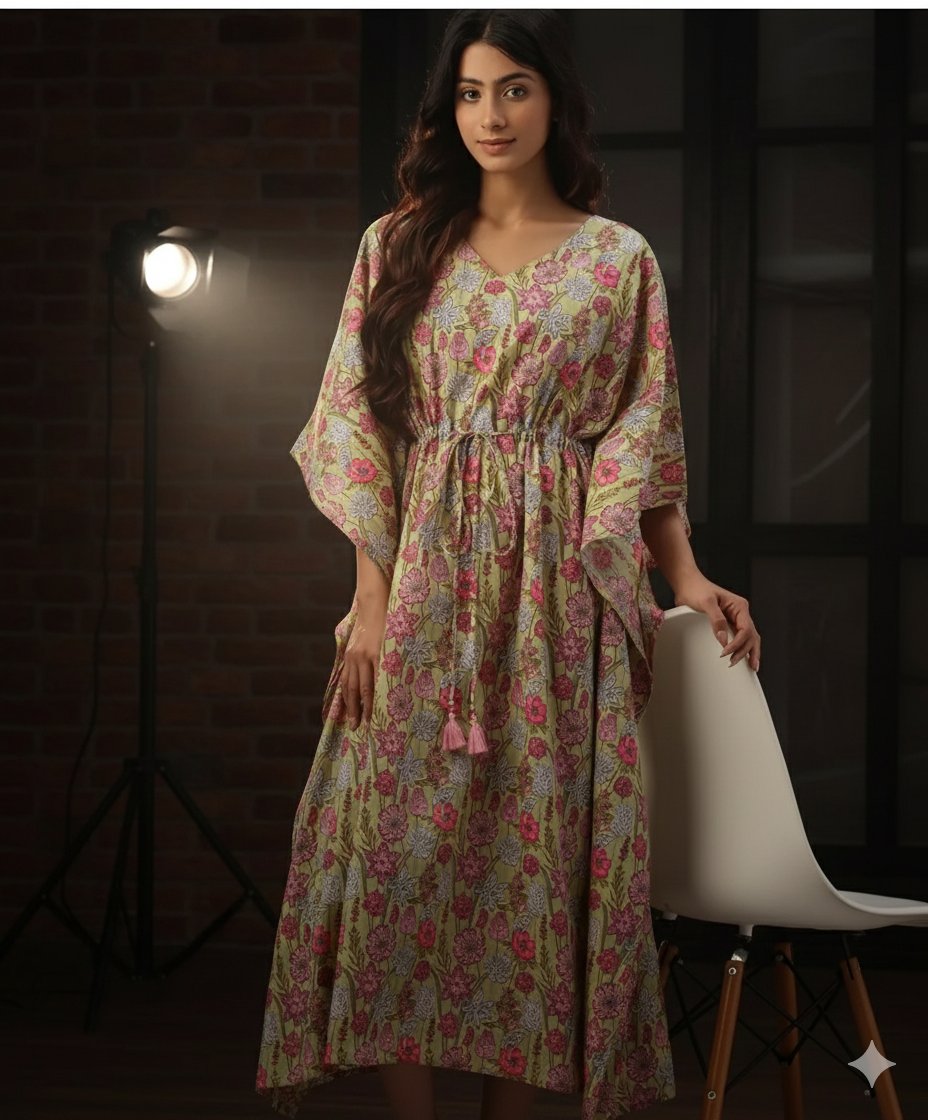 Olive Green Floral Printed Long Cotton Kaftan Dress