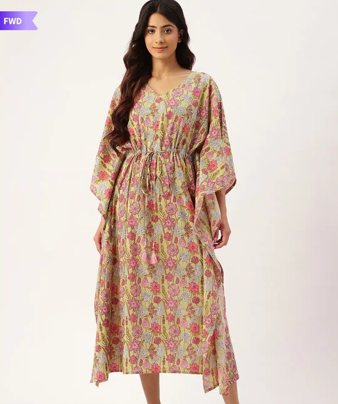 Olive Green Floral Printed Long Cotton Kaftan Dress