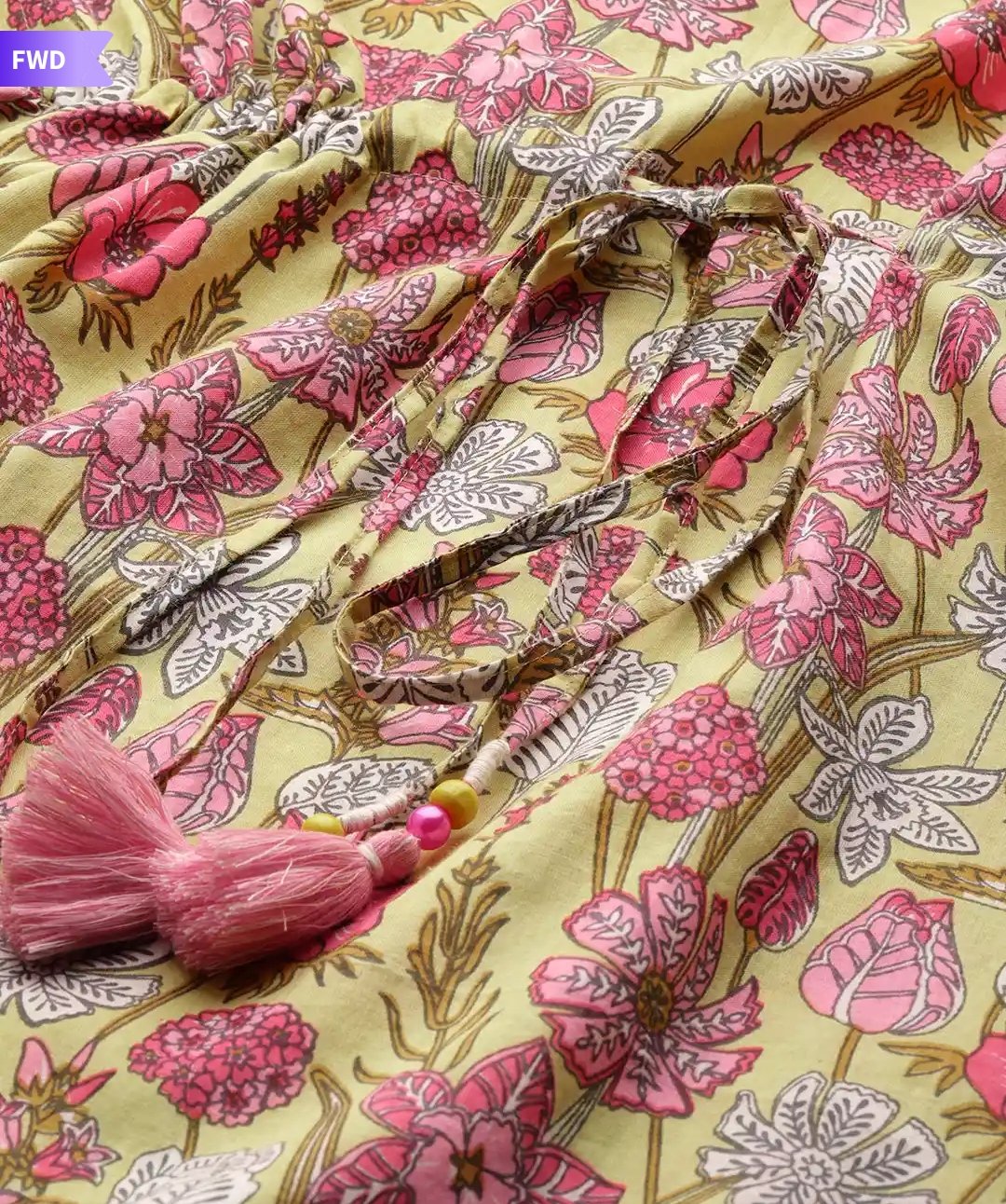 Olive Green Floral Printed Long Cotton Kaftan Dress