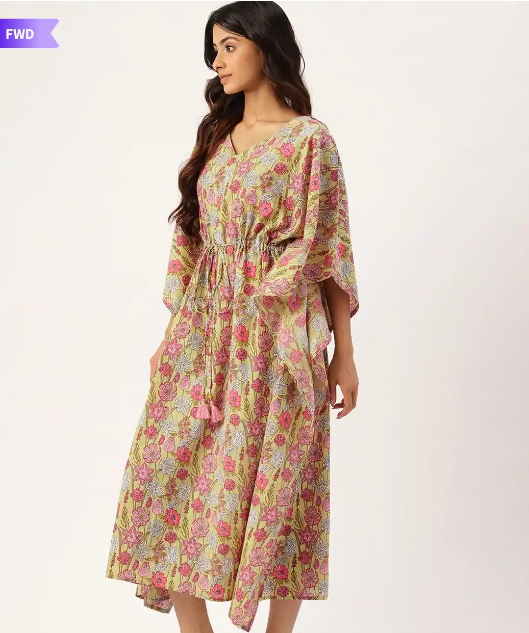Olive Green Floral Printed Long Cotton Kaftan Dress