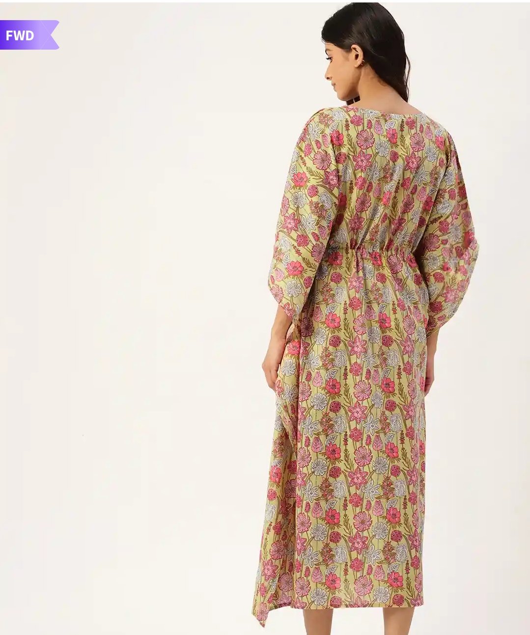 Olive Green Floral Printed Long Cotton Kaftan Dress