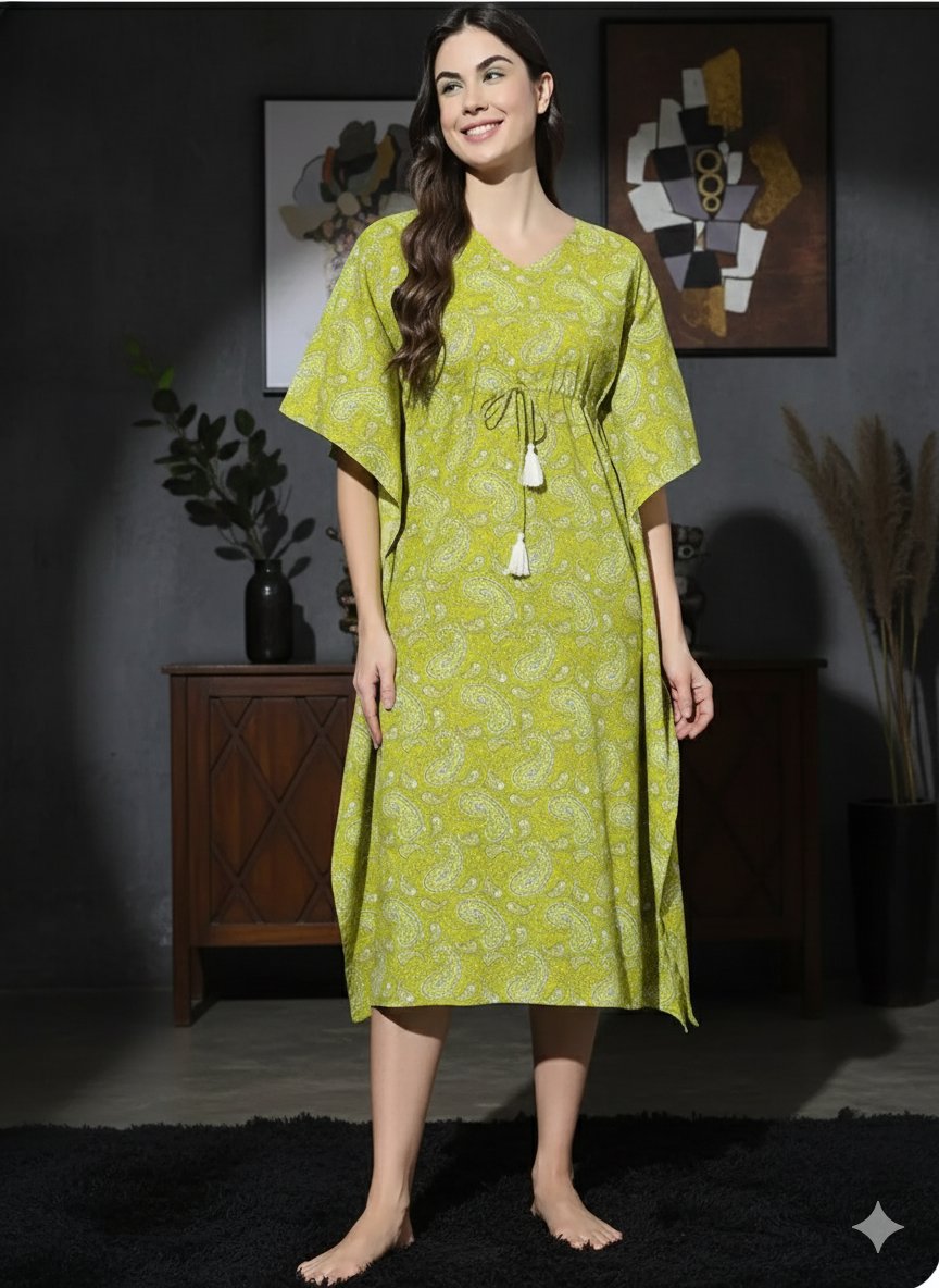 Olive Green Traditional Paisley Print Long Cotton Kaftan