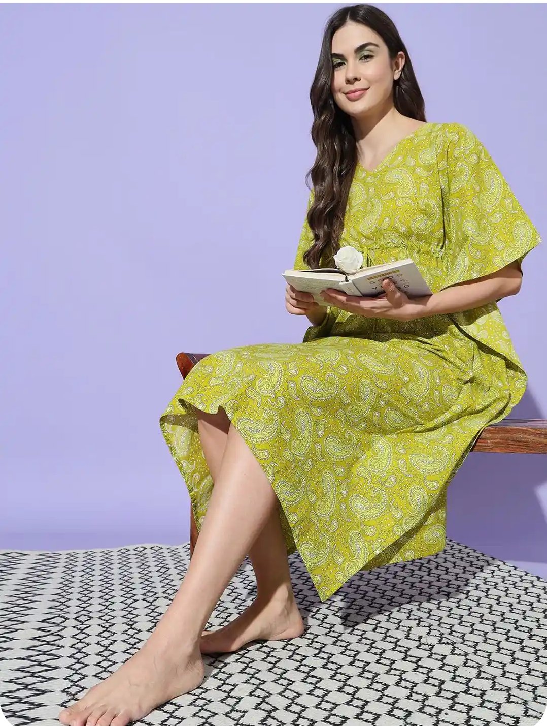 Olive Green Traditional Paisley Print Long Cotton Kaftan