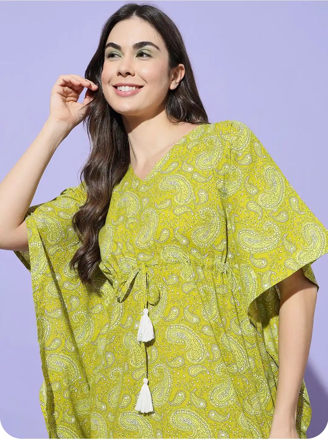 Olive Green Traditional Paisley Print Long Cotton Kaftan