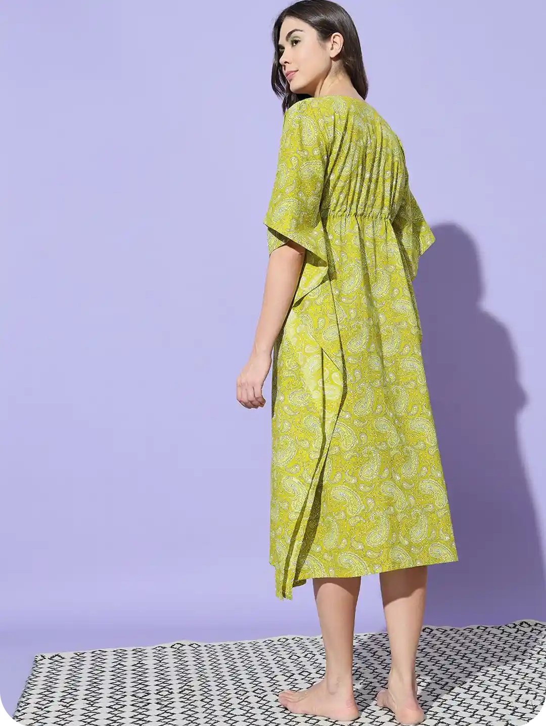 Olive Green Traditional Paisley Print Long Cotton Kaftan