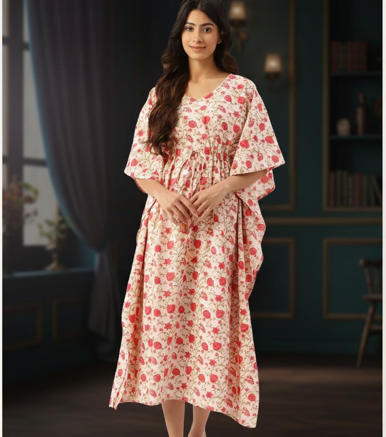 Jaipuri Floral Print Long Cotton Kaftan Dress